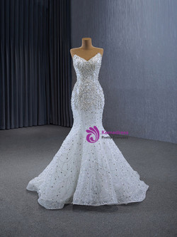 White Mermaid Tulle Strapless Pearls Wedding Dress