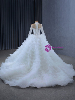 White Tulle Tiers Long Sleeve Beading Pearls Wedding Dress