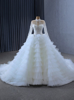 White Tulle Tiers Long Sleeve Beading Pearls Wedding Dress