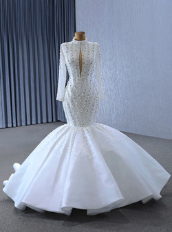 White Mermaid Sequins Pearls Long Sleeve Wedding Dress
