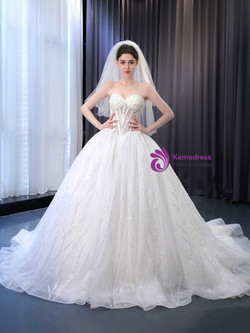 White Ball Gown Tulle Sweetheart Pearls Beading Wedding Dress