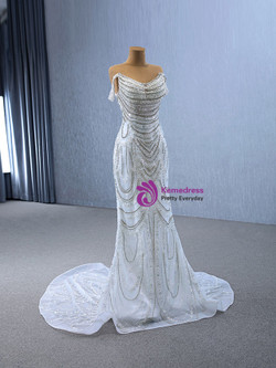White Mermaid Sequins Pearls Beading Wedding Dress