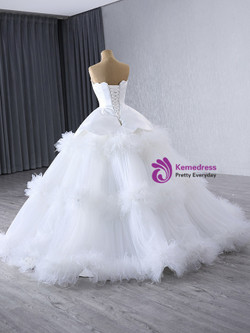 White Tulle Strapless Tiers Feather Wedding Dress