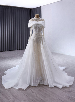 White Tulle Sequins Long Sleeve Wedding Dress