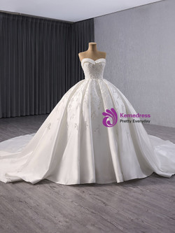 White Ball Gown Satin Strapless Sequins Beading Wedding Dress