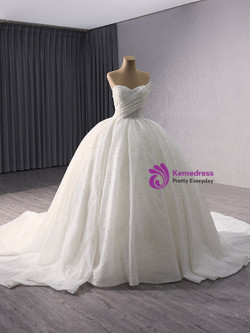 White Sequins Strapless Pearls Wedding Dress