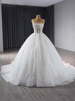 White See Though Neck Tulle Beading Sequins Pearls Wedding Dress