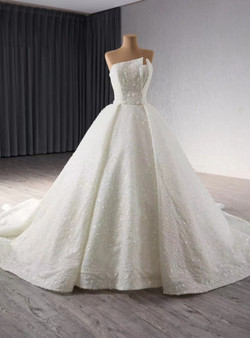 White Tulle Sequins Strapless Wedding Dress 