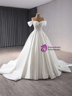 White Satin Lace Off the Shoulder Wedding Dress