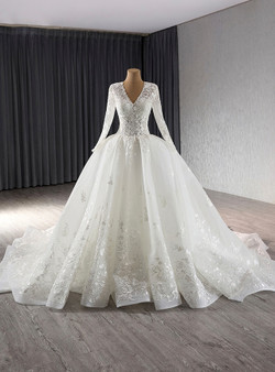 White Tulle V-neck Long Sleeve Lace Appliques Wedding Dress