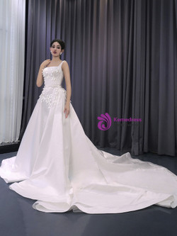 White Straps Wedding Dress With Detachable Train