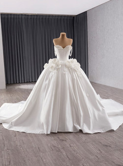 Vintage White Satin Off the Shoulder Beading 3D Flower Wedding Dress