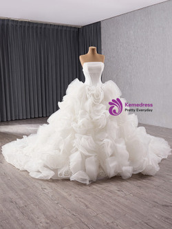 White Tulle Strapless 3D Flower Wedding Dress