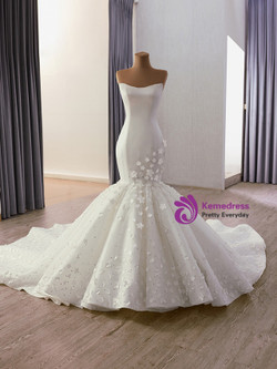 White Mermaid Satin Tulle Strapless Flower Wedding Dress