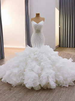 White Mermaid Tulle Strapless Beading Sequins Wedding Dress