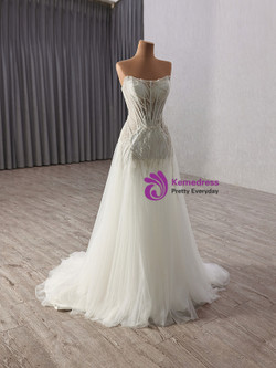 White Tulle Strapless Sequins Wedding Wedding Dress