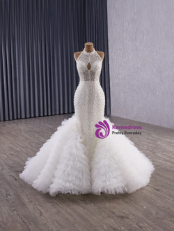 White Mermaid Halter Sequins Pearls Wedding Dress