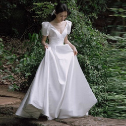 Ivory White Satin V-neck Short Sleeve Wedding Dress