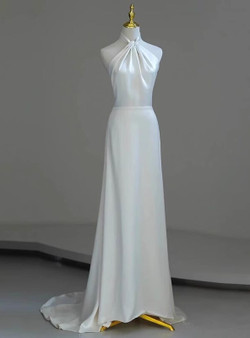 White Satin Halter Pleats Wedding Dress
