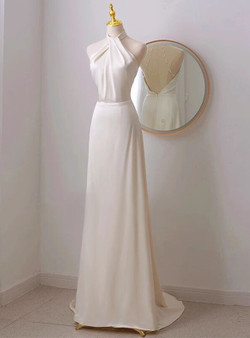 Ivory White Satin Halter Backless Wedding Dress