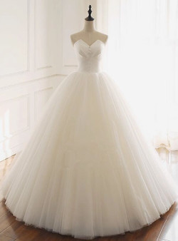 White Satin Tulle Strapless Button Wedding Dress