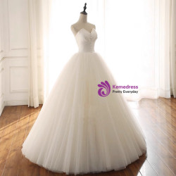 White Satin Tulle Strapless Button Wedding Dress