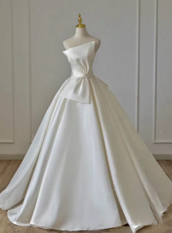 Beige White Satin Strapless Pleats Wedding Dress