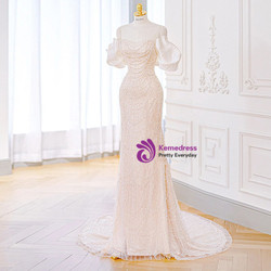 White Mermaid Sequins Pearls Wedding Dress 