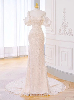 White Mermaid Sequins Pearls Wedding Dress 