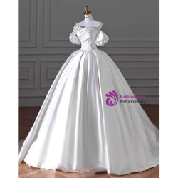 White Satin Puff Sleeve Beading Strapless Wedding Dress
