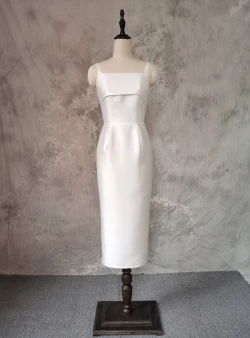 White Satin Spaghetti Straps Wedding Dress