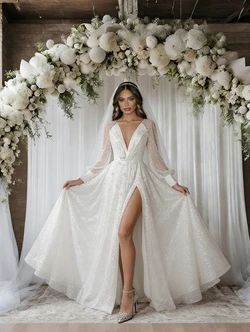 White Sequins Long Sleeve V-neck Wedding Dress