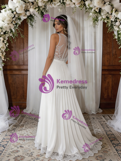 White Chiffon Lace Pleats Wedding Dress