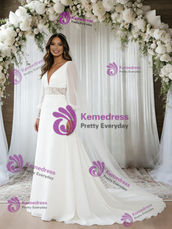 White Chiffon Long Sleeve Backless Wedding Dress