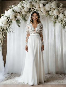 White Chiffon Long Sleeve 3D Flower Wedding Dress