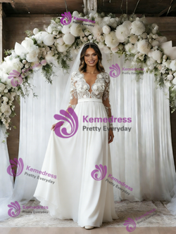 White Chiffon Long Sleeve 3D Flower Wedding Dress