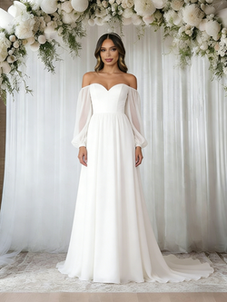 White Off the Shoulder Long Sleeve Wedding Dress