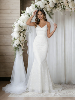 White Mermaid Sequins Spaghetti Straps Wedidng Dress