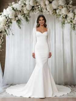 White Mermaid Long Sleeve Square Neck Wedding Dress