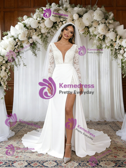 White Long Sleeve Lace V-neck Wedding Dress