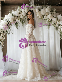 Beige White Lace Long Sleeve Wedding Dress
