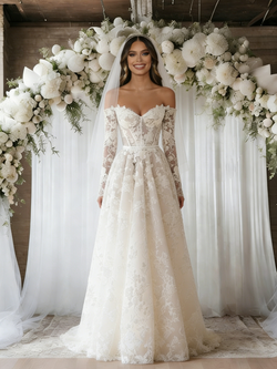 Beige White Lace Long Sleeve Wedding Dress