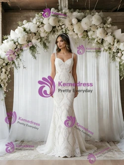White Mermaid Lace Straps Backless Wedding Dress