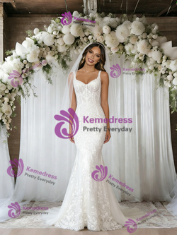 White Mermaid Tulle Lace Straps Wedding Dress