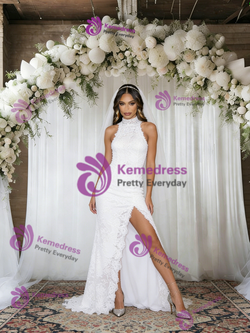 White Mermaid Lace High Neck Wedding Dress