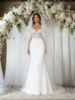 White Mermaid Puff Sleeve Appliques Wedding Dress