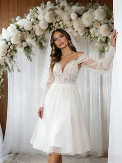 White Tulle Long Sleeve Short Wedding Dress