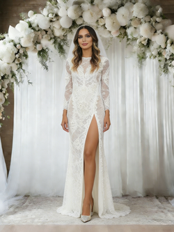 White Lace Long Sleeve Split Wedding Dress