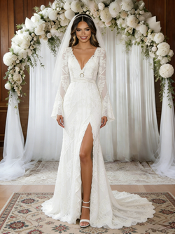 White Lace Long Sleeve V-neck Wedding Dress