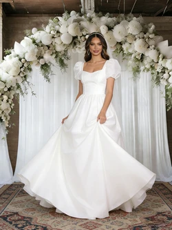 White Sqaure Neck Puff Sleeve Wedidng Dress